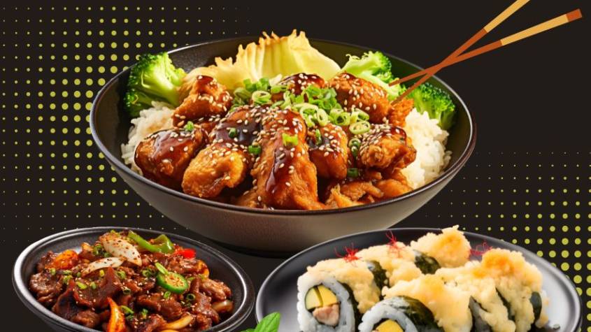 Visuel promotionnel de la nouvelle carte asiatique de l’Hôtel El Oumnia Puerto avec des plats thaïlandais, vietnamiens et chinois