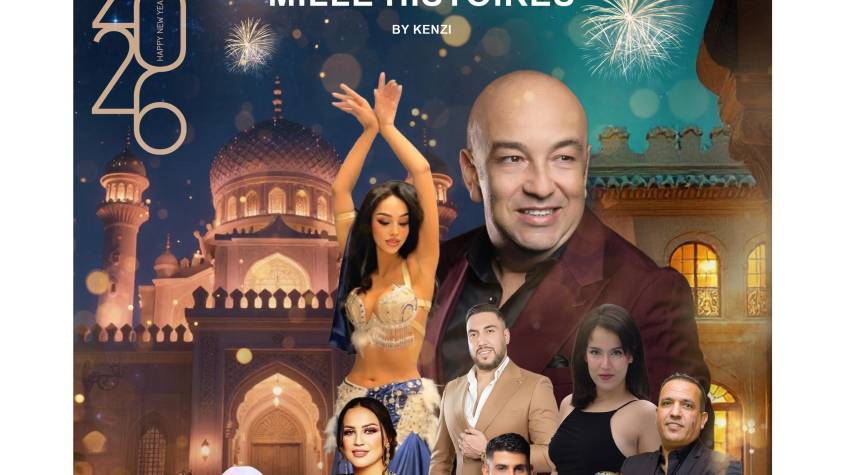 Affiche de Une nuit mille histoires, thème du réveillon au Kenzi Solazur à Tanger avec une danseuse orientale, des musiciens Gnaouas, et ambiance festive