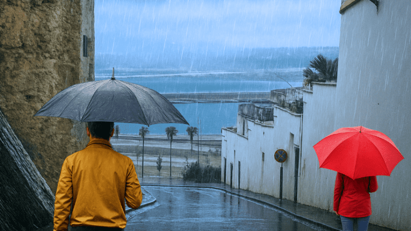 Rue de Tanger sous l’hiver furieux, avec pluie et pavés mouillés reflétant les lumières de la ville