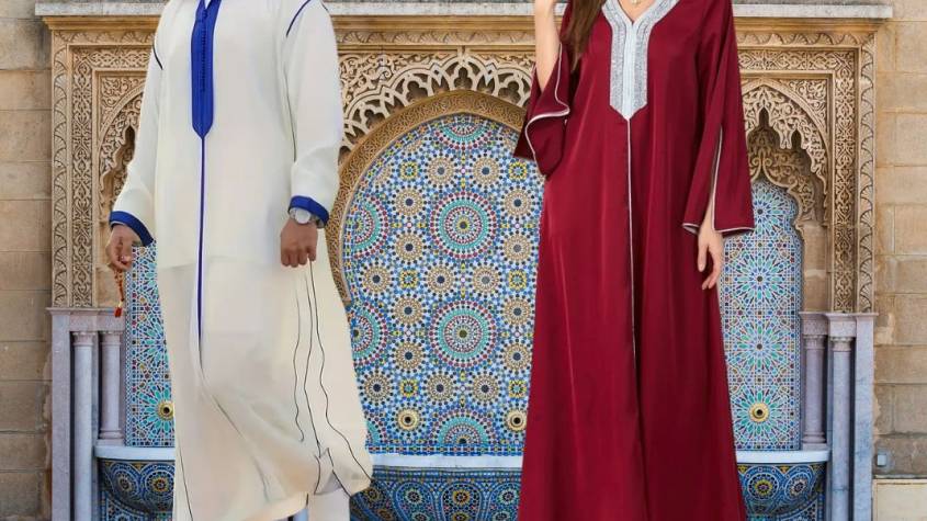 Homme et femme habillés en djellaba, leurs silhouettes élégantes reflètent la tradition et le raffinement pendant le Ramadan