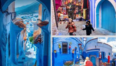 Trois vues des ruelles et maisons bleues de la médina de Chefchaouen, illustrant l’âme et la mémoire vivante de la ville